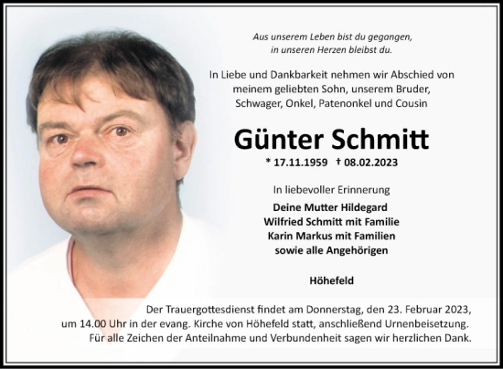 Traueranzeige von Günter Schmitt von Fränkische Nachrichten