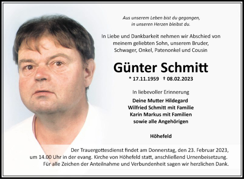  Traueranzeige für Günter Schmitt vom 18.02.2023 aus Fränkische Nachrichten