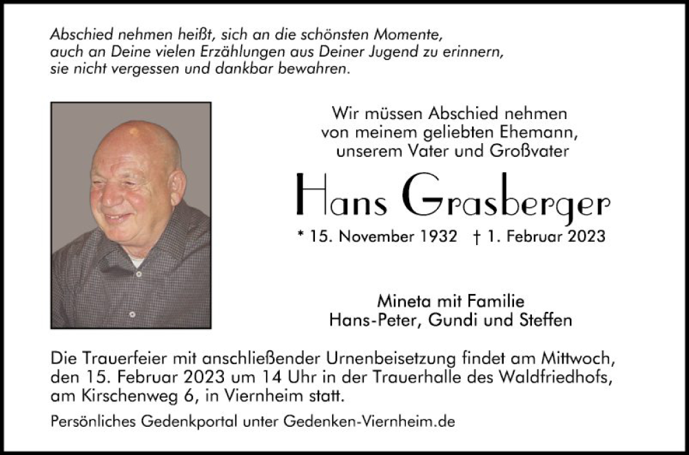  Traueranzeige für Hans Grasberger vom 11.02.2023 aus Mannheimer Morgen