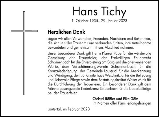 Traueranzeige von Hans Tichy von Bergsträßer Anzeiger