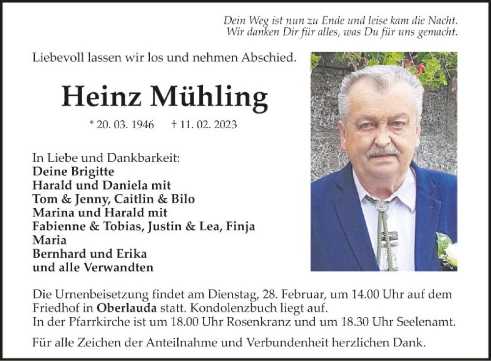  Traueranzeige für Heinz Mühling vom 23.02.2023 aus Fränkische Nachrichten