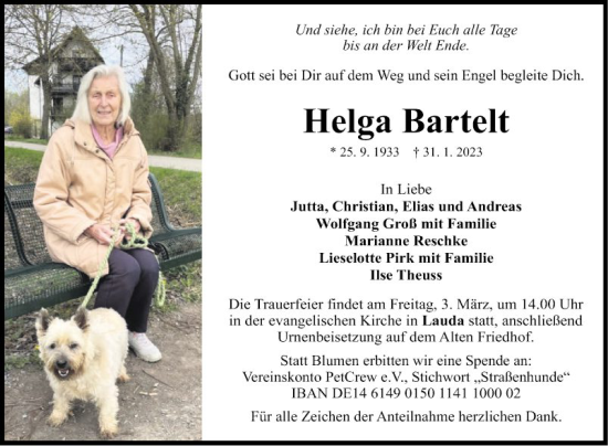 Traueranzeige von Helga Bartelt von Fränkische Nachrichten