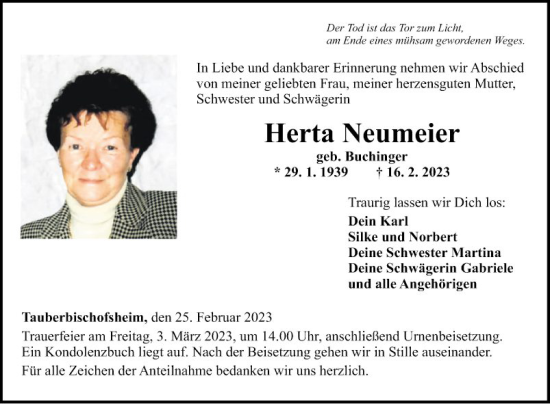 Traueranzeige von Herta Neumeier von Fränkische Nachrichten