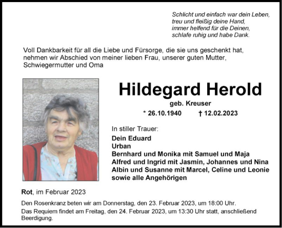 Traueranzeige von Hildegard Herold von Fränkische Nachrichten
