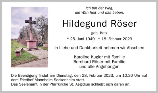 Traueranzeige von Hildegund Röser von Schwetzinger Zeitung