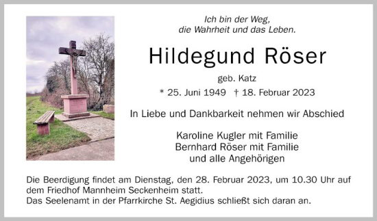 Traueranzeige von Hildegund Röser von Mannheimer Morgen