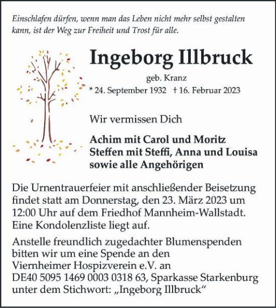 Traueranzeige von Ingeborg Illbruck von Mannheimer Morgen