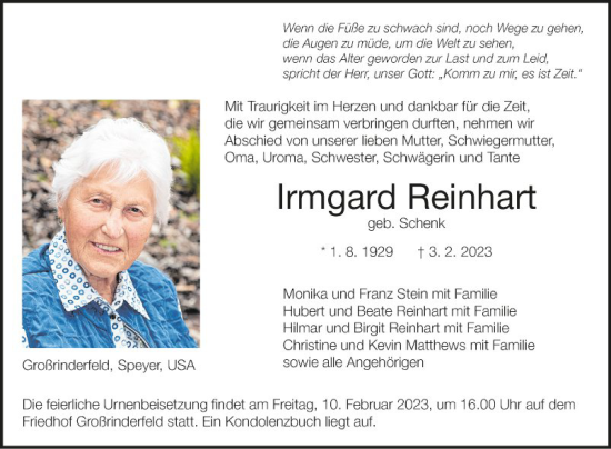 Traueranzeige von Irmgard Reinhart von Fränkische Nachrichten