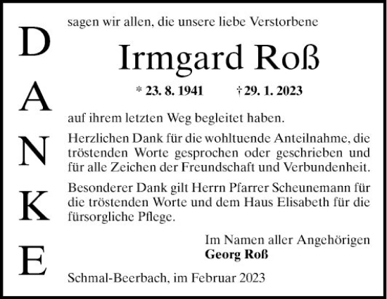 Traueranzeige von Irmgard Roß von Bergsträßer Anzeiger
