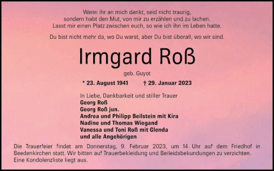 Traueranzeige von Irmgard Roß von Bergsträßer Anzeiger