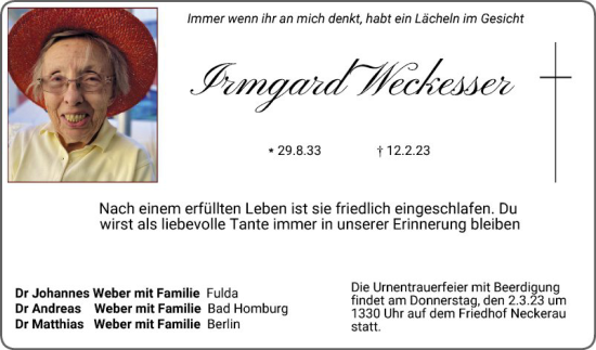Traueranzeige von Irmgard Weckesser von Mannheimer Morgen