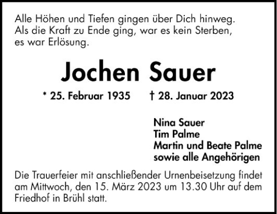 Traueranzeige von Jochen Sauer von Schwetzinger Zeitung