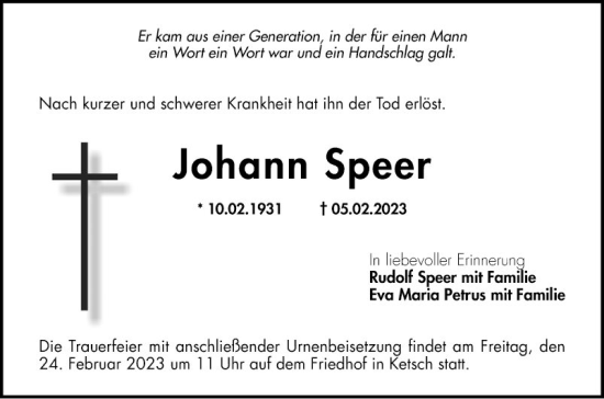 Traueranzeige von Johann Speer von Schwetzinger Zeitung
