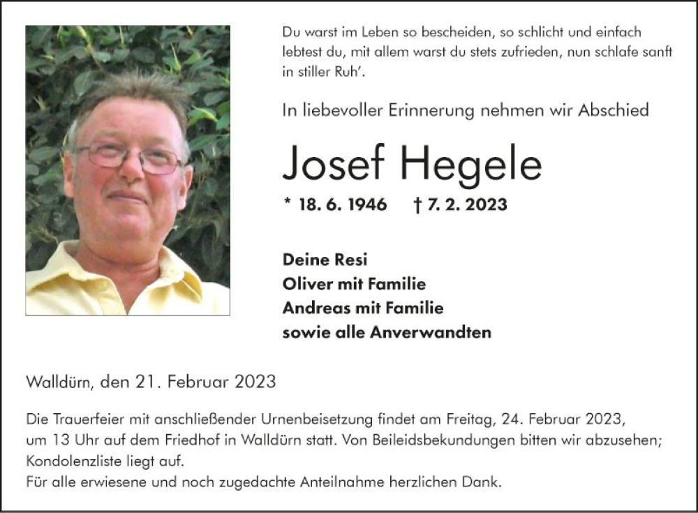  Traueranzeige für Josef Hegele vom 21.02.2023 aus Fränkische Nachrichten
