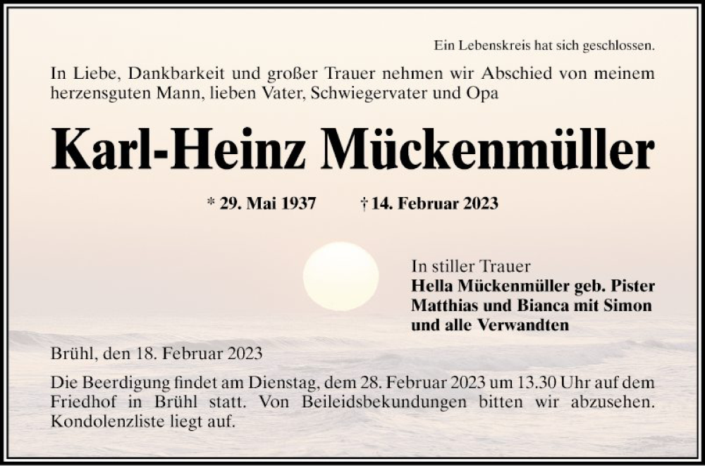  Traueranzeige für Karl-Heinz Mückenmüller vom 25.02.2023 aus Schwetzinger Zeitung