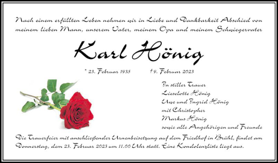 Traueranzeige von Karl Hönig von Schwetzinger Zeitung