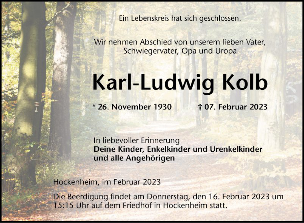  Traueranzeige für Karl-Ludwig Kolb vom 11.02.2023 aus Schwetzinger Zeitung