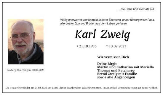 Traueranzeige von Karl Zweig von Fränkische Nachrichten