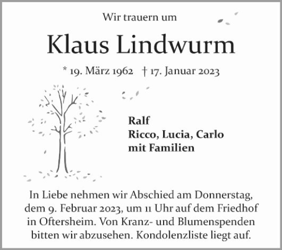 Traueranzeige von Klaus Lindwurm von Schwetzinger Zeitung