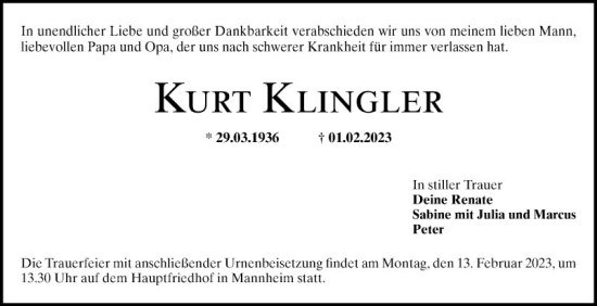 Traueranzeige von Kurt Klingler von Mannheimer Morgen