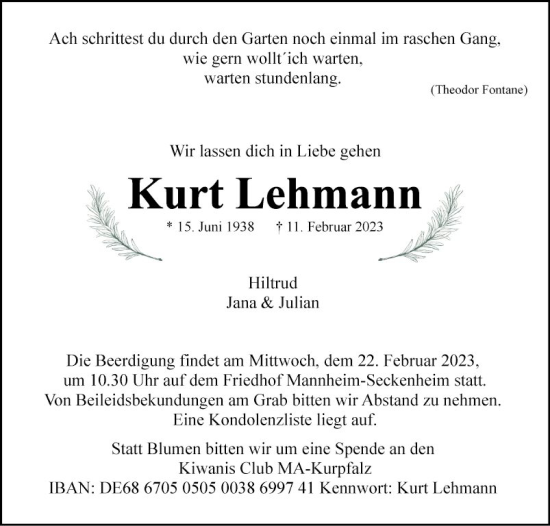 Traueranzeige von Kurt Lehmann von Mannheimer Morgen