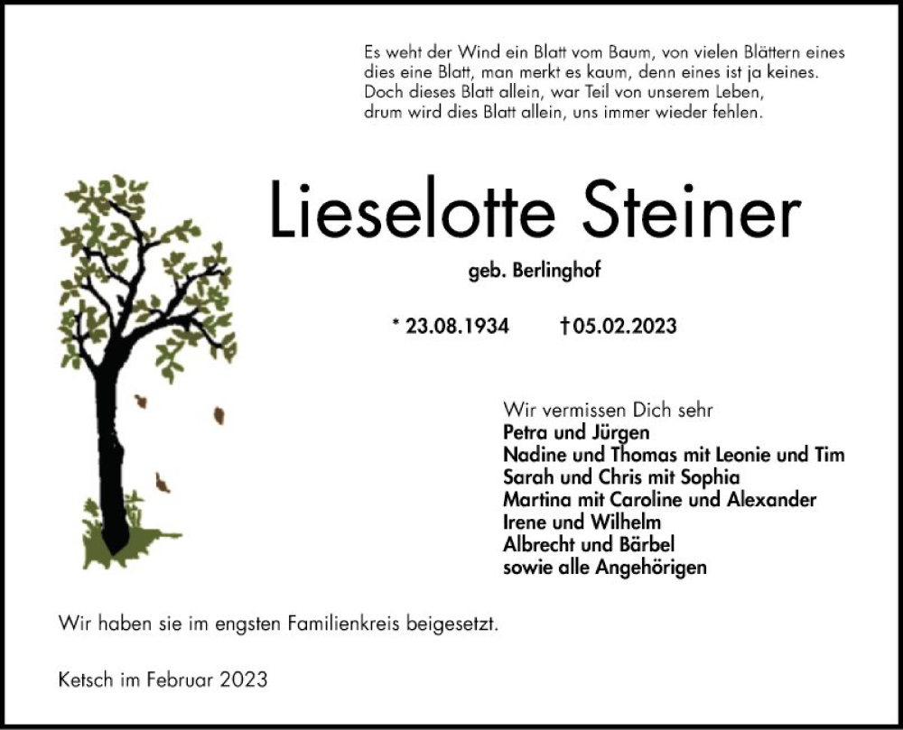  Traueranzeige für Lieselotte Steiner vom 18.02.2023 aus Schwetzinger Zeitung