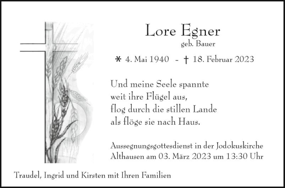  Traueranzeige für Lore Egner vom 27.02.2023 aus Fränkische Nachrichten