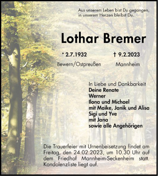 Traueranzeige von Lothar Bremer von Mannheimer Morgen