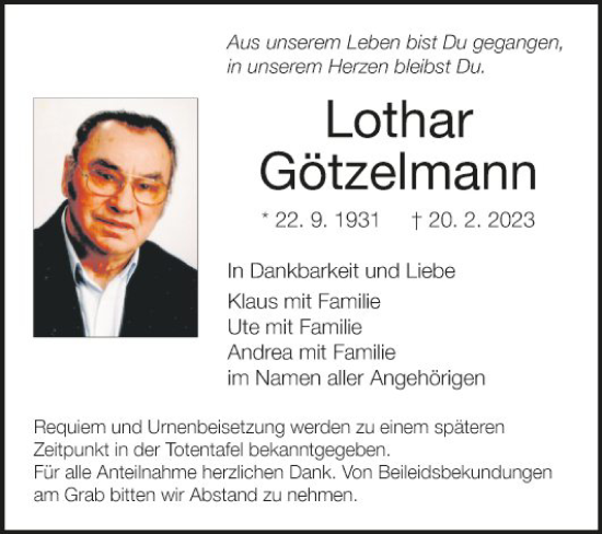 Traueranzeige von Lothar Götzelmann von Fränkische Nachrichten