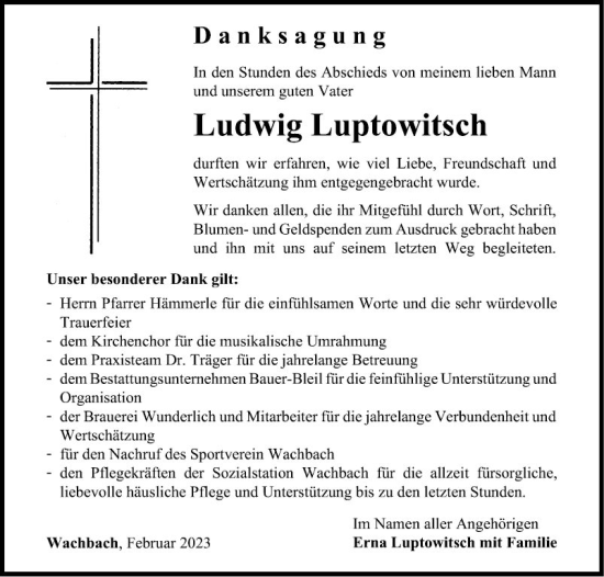 Traueranzeige von Ludwig Luptowitsch von Fränkische Nachrichten