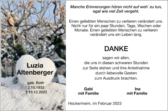 Traueranzeige von Luzia Altenberger von Schwetzinger Zeitung