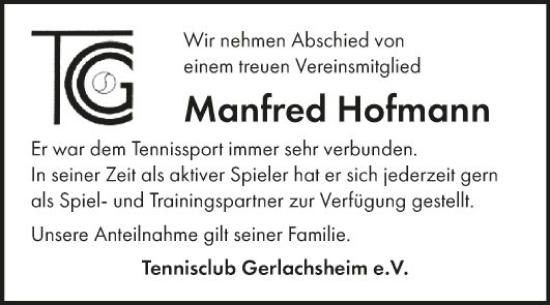 Traueranzeige von Manfred Hofmann von Fränkische Nachrichten