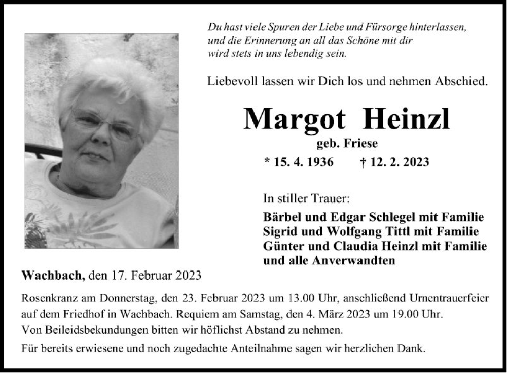 Traueranzeige für Margot Heinzl vom 17.02.2023 aus Fränkische Nachrichten