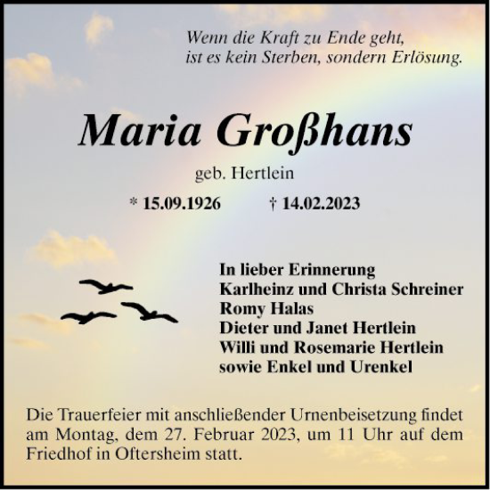 Traueranzeige von Maria Großhans von Schwetzinger Zeitung