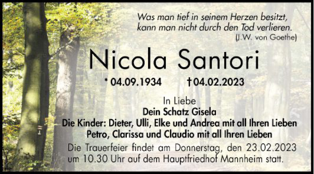  Traueranzeige für Nicola Santori vom 18.02.2023 aus Mannheimer Morgen