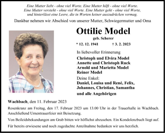 Traueranzeige von Ottilie Model von Fränkische Nachrichten
