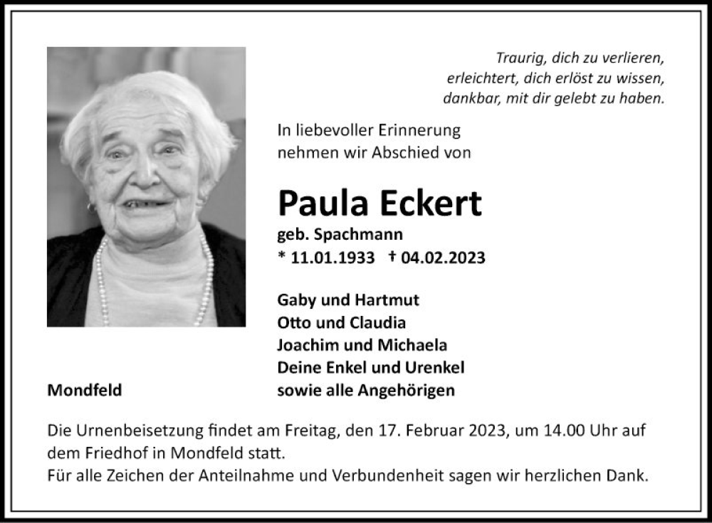  Traueranzeige für Paula Eckert vom 11.02.2023 aus Fränkische Nachrichten