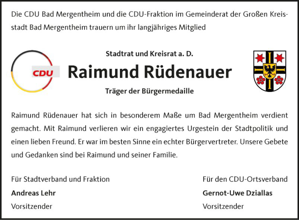  Traueranzeige für Raimund Rüdenauer vom 25.02.2023 aus Fränkische Nachrichten