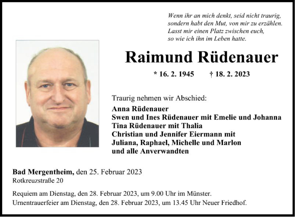  Traueranzeige für Raimund Rüdenauer vom 25.02.2023 aus Fränkische Nachrichten