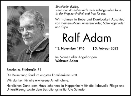 Traueranzeige von Ralf Adam von Bergsträßer Anzeiger