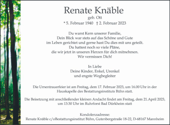 Traueranzeige von Renate Knäble von Mannheimer Morgen
