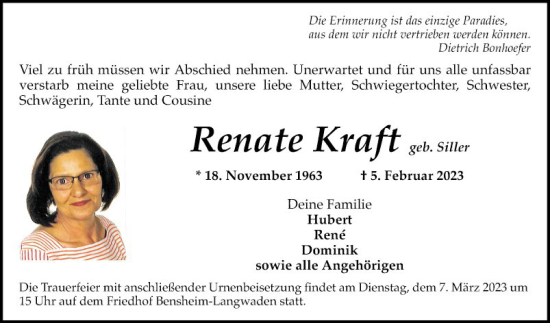Traueranzeige von Renate Kraft von Bergsträßer Anzeiger