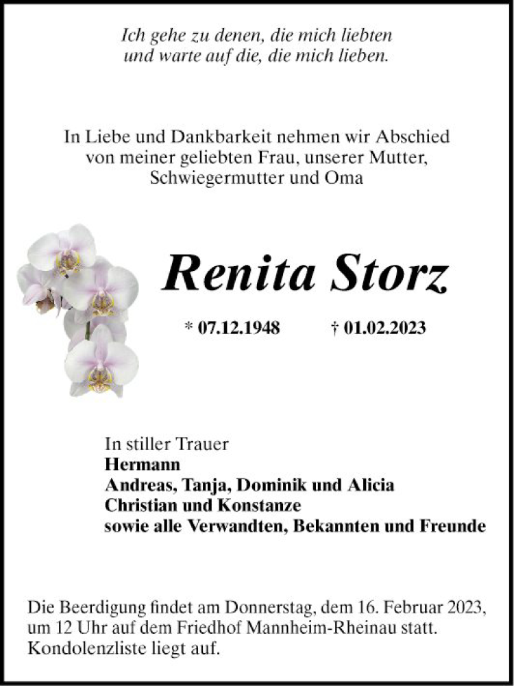  Traueranzeige für Renita Storz vom 11.02.2023 aus Mannheimer Morgen