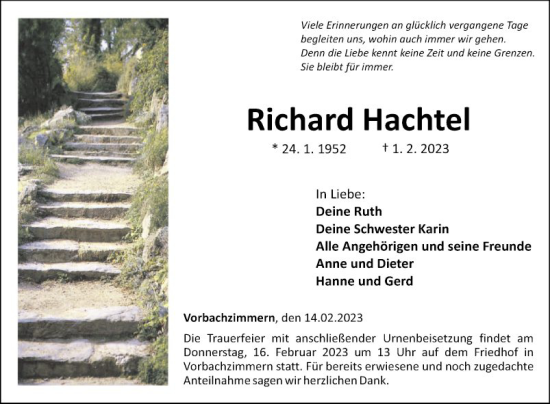 Traueranzeige von Richard Hachtel von Fränkische Nachrichten
