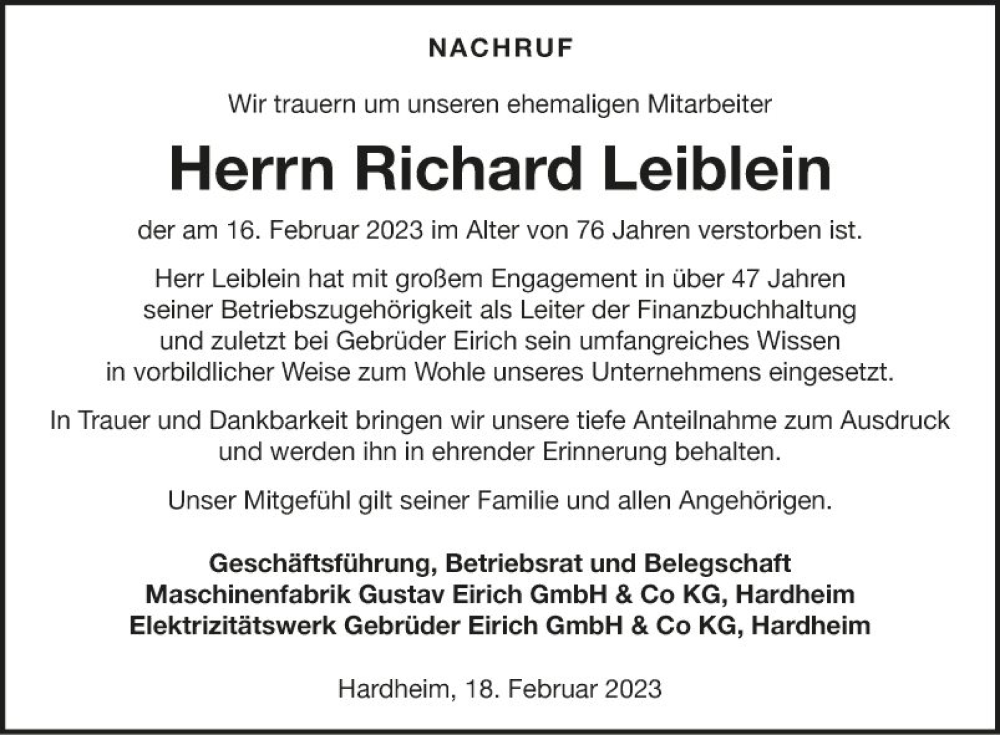  Traueranzeige für Richard Leiblein vom 18.02.2023 aus Fränkische Nachrichten