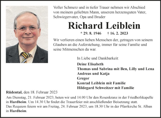 Traueranzeige von Richard Leiblein von Fränkische Nachrichten