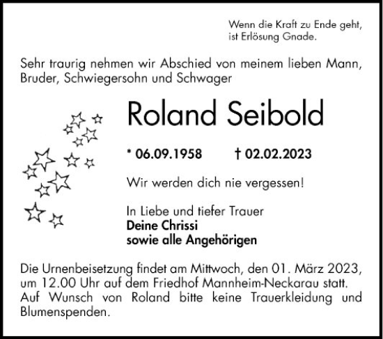 Traueranzeige von Roland Seibold von Mannheimer Morgen