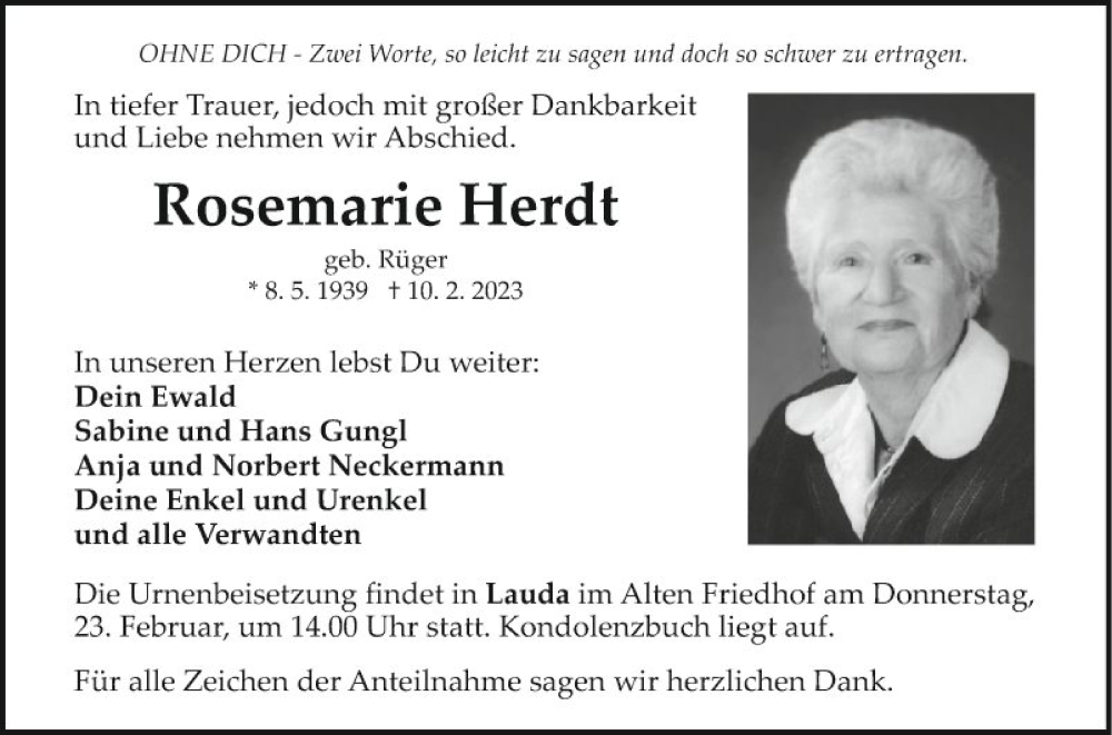  Traueranzeige für Rosemarie Herdt vom 17.02.2023 aus Fränkische Nachrichten