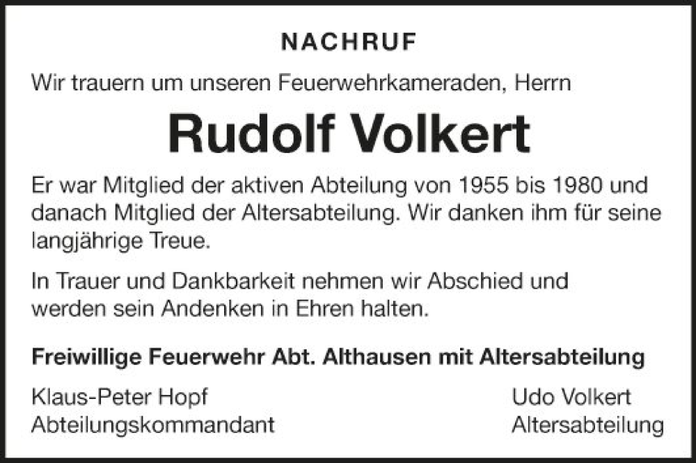  Traueranzeige für Rudolf Volkert vom 21.02.2023 aus Fränkische Nachrichten