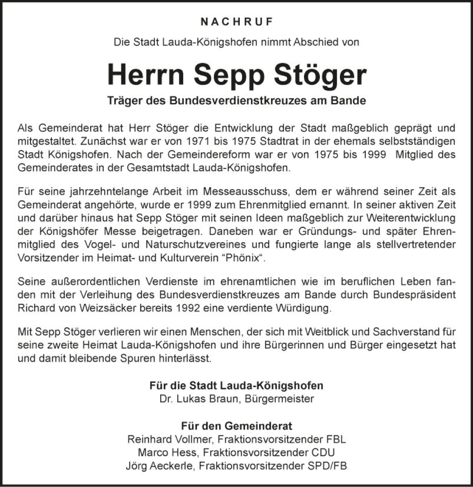  Traueranzeige für Sepp Stöger vom 11.02.2023 aus Fränkische Nachrichten